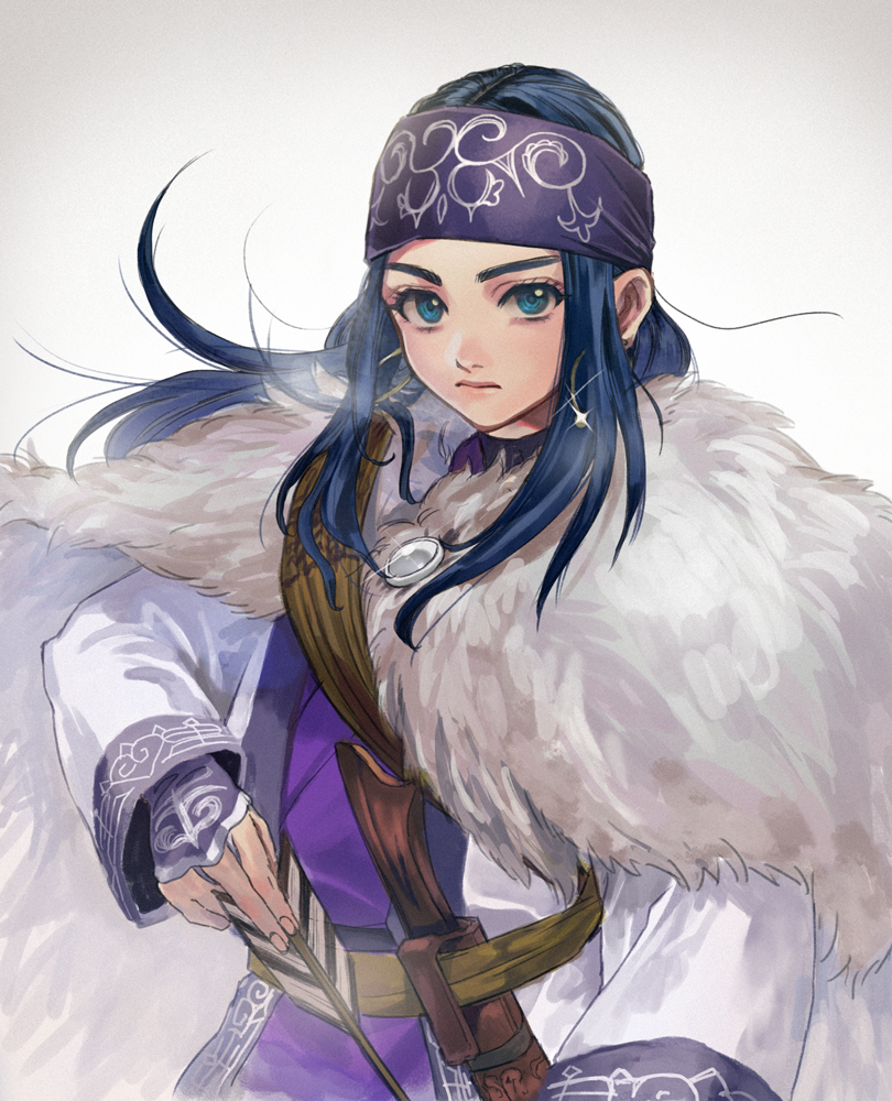1girl ainu ainu_clothes arrow asirpa bandanna blue_eyes blue_hair cape earrings fingerless_gloves fur_cape gloves golden_kamuy halu-ca holding holding_weapon hoop_earrings jewelry long_hair long_sleeves looking_at_viewer solo weapon