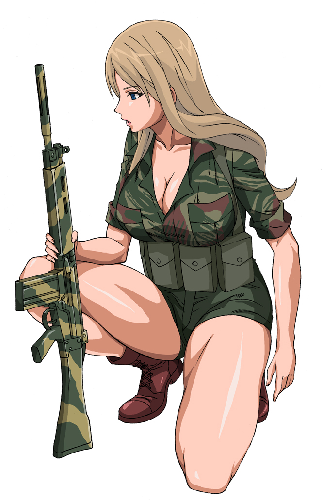18_(aug1) 1girl battle_rifle blonde_hair blue_eyes breasts camouflage cleavage fn_fal full_body gun holding holding_gun holding_weapon military military_uniform rhodesian_light_infantry rifle short_sleeves shorts simple_background solo tagme uniform weapon white_background