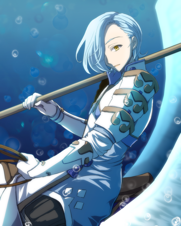 1boy blue_hair bubble cimeri feathered_wings fire_emblem fire_emblem_heroes fire_emblem_if gloves hair_over_one_eye male_focus naginata open_mouth polearm shigure_(fire_emblem_if) solo weapon wings yellow_eyes