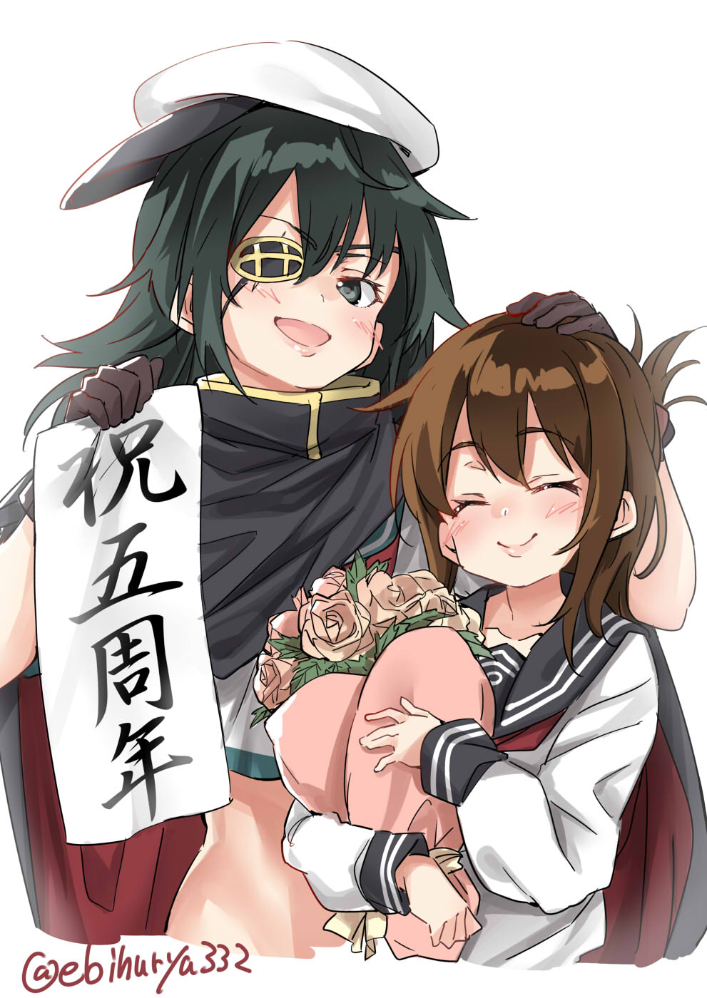 2girls anchor_symbol anniversary black_sailor_collar bouquet brown_hair cape ebifurya eyepatch flower folded_ponytail green_eyes green_hair hair_ornament hairclip hand_on_another's_head hat highres inazuma_(kantai_collection) kantai_collection kiso_(kantai_collection) long_hair looking_at_viewer multiple_girls neckerchief pauldrons red_neckwear remodel_(kantai_collection) sailor_collar sailor_hat school_uniform serafuku short_hair simple_background twitter_username upper_body white_background