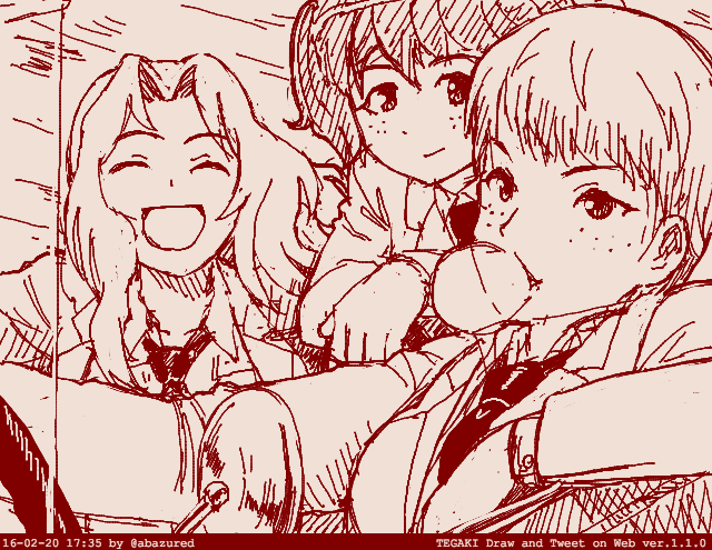 3girls abazu-red alisa_(girls_und_panzer) arm_rest bubble_blowing eyebrows_visible_through_hair freckles girls_und_panzer hair_intakes kay_(girls_und_panzer) monochrome multiple_girls naomi_(girls_und_panzer) necktie saunders_school_uniform short_hair smile tegaki_draw_and_tweet