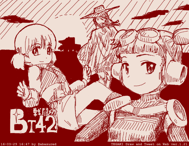 3girls abazu-red aki_(girls_und_panzer) alternate_costume bangs blunt_bangs bt-42 double_bun girls_und_panzer goggles goggles_on_head ground_vehicle hat knife looking_at_viewer mika_(girls_und_panzer) mikko_(girls_und_panzer) military military_vehicle monochrome motor_vehicle multiple_girls short_twintails smile tank tegaki tegaki_draw_and_tweet twintails