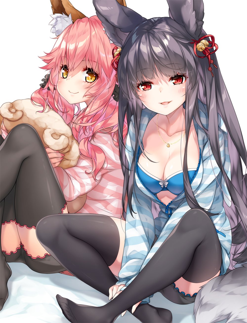 2girls alternate_costume animal_ears bangs bell black_hair black_legwear black_scrunchie blue_bra blush bra breasts cleavage collarbone contemporary crossover erune eyebrows_visible_through_hair fate/extra fate/grand_order fate_(series) fox_ears fox_tail granblue_fantasy hair_bell hair_ornament highres jewelry long_hair looking_at_viewer loungewear matching_outfit medium_breasts multiple_girls nail_polish necklace no_shoes object_hug parted_lips pink_hair pink_nails red_eyes reina_(black_spider) scrunchie smile striped striped_hoodie stuffed_toy tail tamamo_(fate)_(all) tamamo_no_mae_(fate) thigh-highs underwear white_background yellow_eyes yuel_(granblue_fantasy)