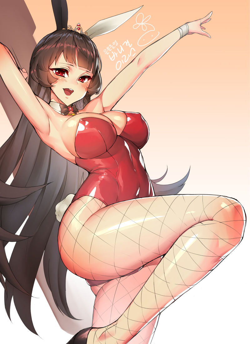1girl animal_ears armpits bangs bare_shoulders black_hair blush breasts bunny_tail bunnysuit cleavage covered_navel detached_collar erect_nipples fake_animal_ears fake_tail fishnet_legwear fishnets iris_(soul_worker) korean large_breasts leotard long_hair looking_at_viewer open_mouth rabbit_ears red_eyes red_leotard shiny shiny_clothes shiny_skin simple_background solo soul_worker standing standing_on_one_leg strapless strapless_leotard suerte tail translation_request