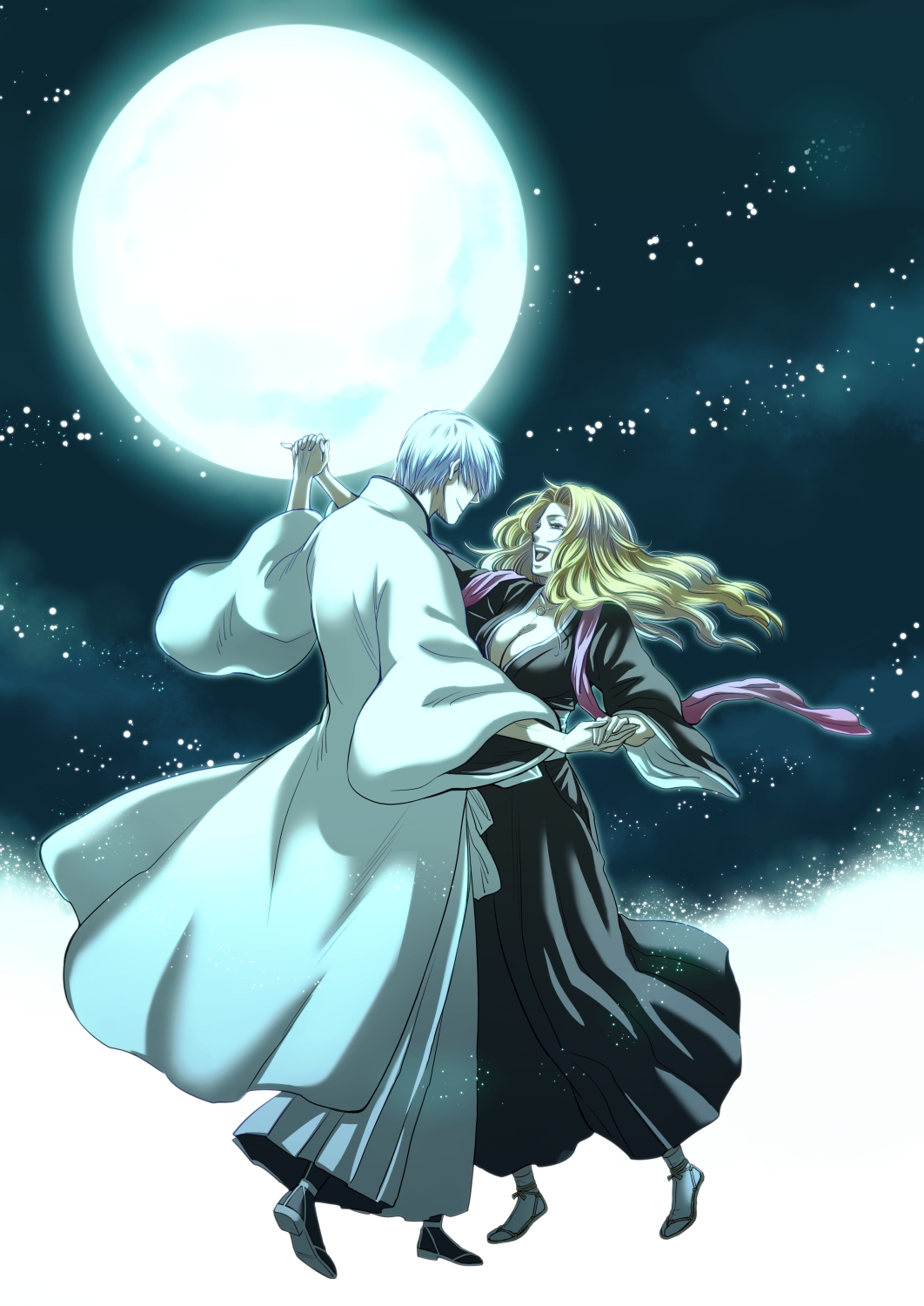 1boy 1girl :d black_kimono bleach blonde_hair breasts cleavage clouds collarbone couple dancing floating_hair from_side full_body full_moon hand_holding haori highres ichimaru_gin interlocked_fingers japanese_clothes ki_(pixiv239687) kimono large_breasts long_hair matsumoto_rangiku moon night open_mouth silver_hair sky smile taichou_haori