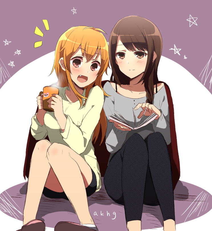 2girls :d alternate_hair_length alternate_hairstyle antenna_hair bang_dream! bangs black_legwear blush book brown_eyes brown_hair character_request cup fang grey_shirt harusawa holding holding_book holding_mug kitazawa_hagumi knees_together leggings long_hair long_sleeves mug multiple_girls notice_lines open_book open_mouth orange_hair pigeon-toed red_eyes shared_blanket shirt sitting smile star turning_page yellow_shirt