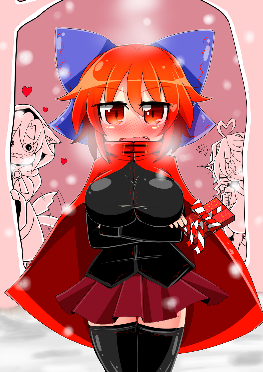 blush breasts cape embarrassed fang hair_ribbon highres huge_breasts imaizumi_kagerou red_eyes redhead ribbon rindou_(p41neko) sekibanki skirt thigh-highs tight touhou valentine wakasagihime