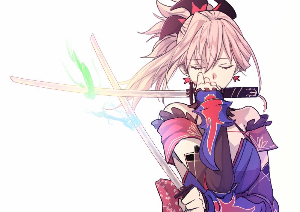 1girl asymmetrical_hair bare_shoulders blue_eyes blue_kimono closed_eyes detached_sleeves dual_wielding earrings fate/grand_order fate_(series) fighting_stance hair_ornament holding holding_sword holding_weapon japanese_clothes jewelry katana kimono leaf_print maple_leaf_print miyamoto_musashi_(fate/grand_order) obi pink_hair ponytail sash short_kimono sleeveless sleeveless_kimono sword tsengyun unsheathed weapon