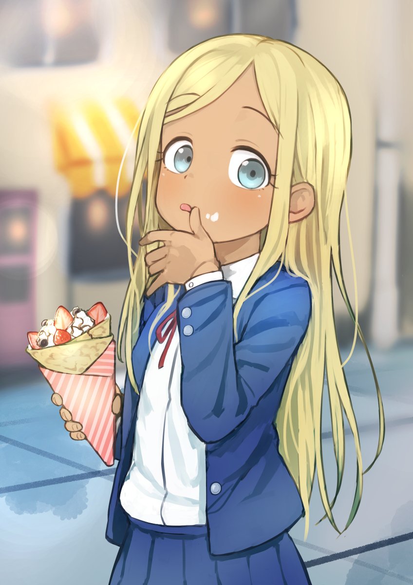 blonde_hair blue_blazer blue_hair blue_skirt buttons commentary_request cream cream_on_face crepe dark_skin finger_licking food food_on_face fruit gazacy_(dai) highres idolmaster idolmaster_cinderella_girls layla_(idolmaster) licking long_hair looking_at_viewer outdoors red_ribbon ribbon shirt skirt strawberry tongue tongue_out white_shirt