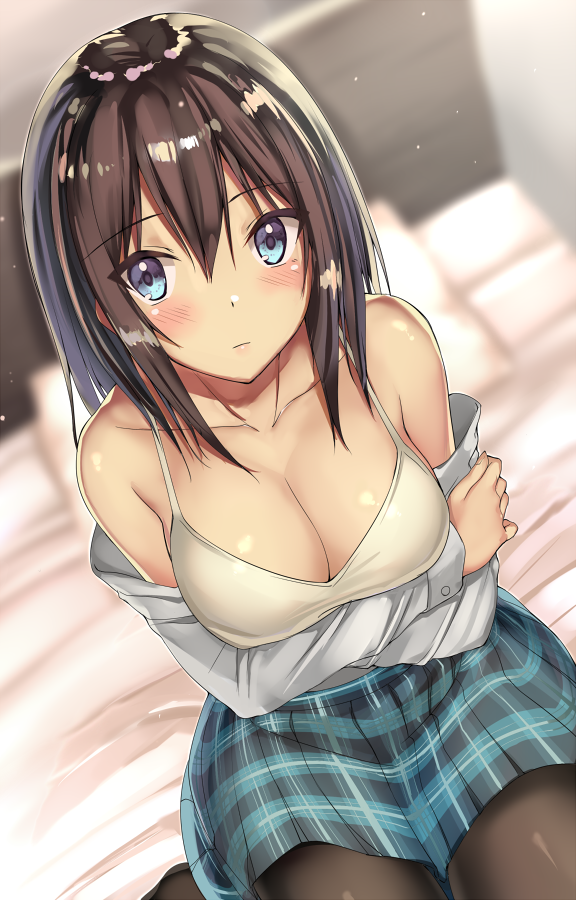 1girl bangs bedroom black_legwear blue_eyes blue_skirt blurry blush breasts brown_hair camisole cleavage closed_mouth collarbone depth_of_field dutch_angle eyebrows_visible_through_hair hair_between_eyes indoors kureha_(ironika) large_breasts looking_at_viewer miniskirt original pantyhose plaid plaid_skirt pleated_skirt school_uniform sitting skirt solo tsubasa_(kureha) wariza