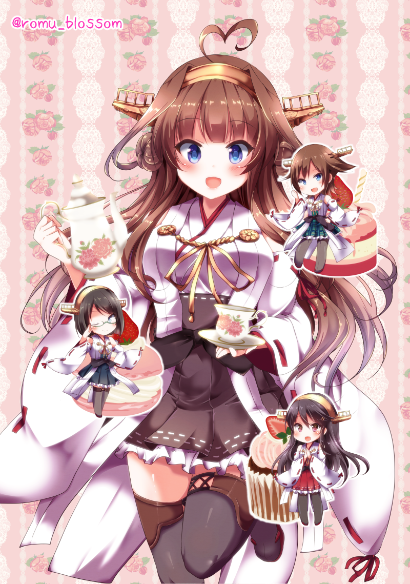 4girls adjusting_eyewear ahoge black_hair black_legwear blue_eyes blush boots brown_hair cake cup cupcake detached_sleeves food fruit hair_ornament hairband hairclip hand_on_hip hands_together haruna_(kantai_collection) heart_ahoge hiei_(kantai_collection) kantai_collection kirishima_(kantai_collection) kongou_(kantai_collection) long_hair looking_at_viewer macaron minigirl multiple_girls nanoha-h nontraditional_miko open_mouth pink_eyes saucer short_hair smile strawberry teacup teapot thigh-highs thigh_boots wide_sleeves