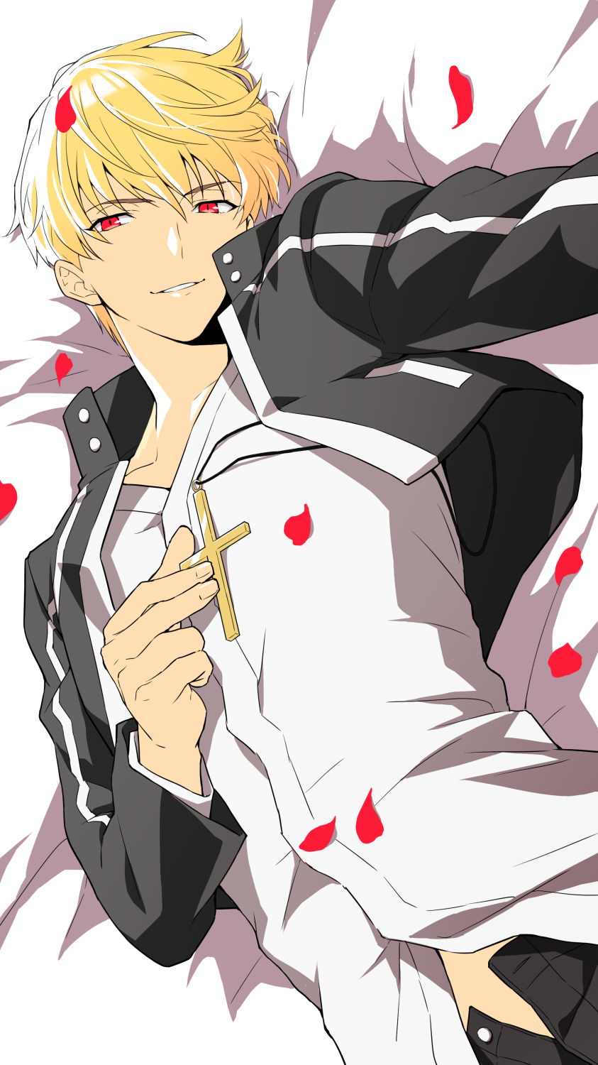1boy bangs blonde_hair cross cross_necklace dutch_angle eyebrows_visible_through_hair fate/grand_order fate/stay_night fate_(series) gilgamesh hair_between_eyes highres jacket jewelry long_sleeves looking_at_viewer lying male_focus natsuko_(bluecandy) necklace necklace_removed on_back on_bed open_clothes open_jacket pants parted_lips petals red_eyes shirt smile solo upper_body white_shirt