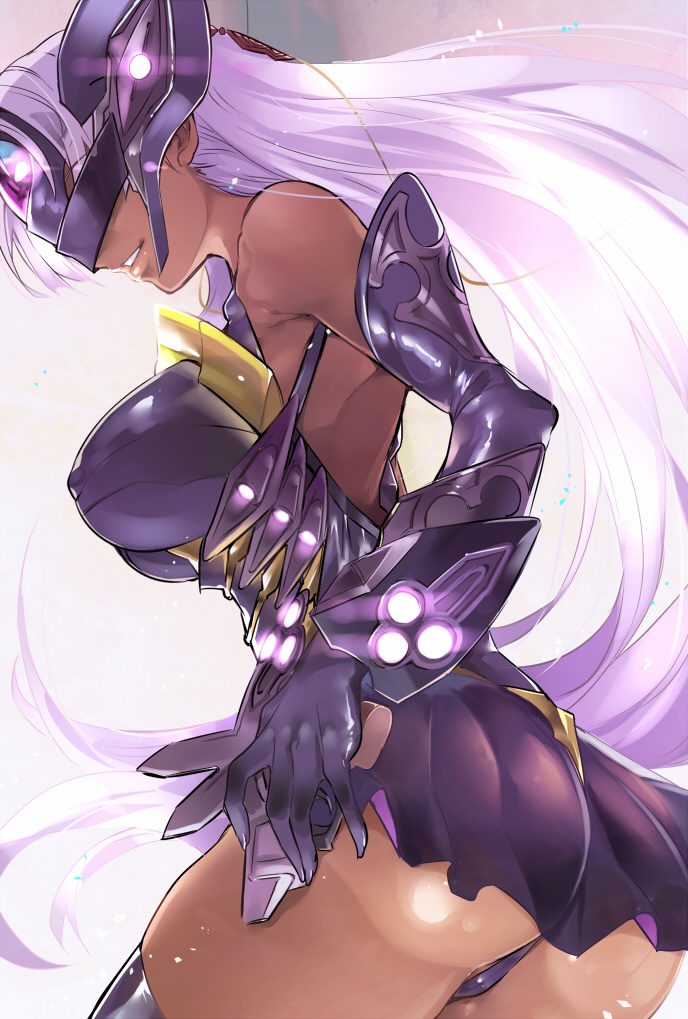 1girl ass bare_shoulders black_legwear black_leotard breasts commentary_request dark_skin elbow_gloves erect_nipples from_behind gloves glowing headgear hijiri large_breasts lavender_hair leotard lips long_hair parted_lips shiny shiny_clothes shiny_hair shiny_skin skirt solo standing t-elos teeth thigh-highs xenoblade_(series) xenoblade_2 xenosaga xenosaga_episode_iii