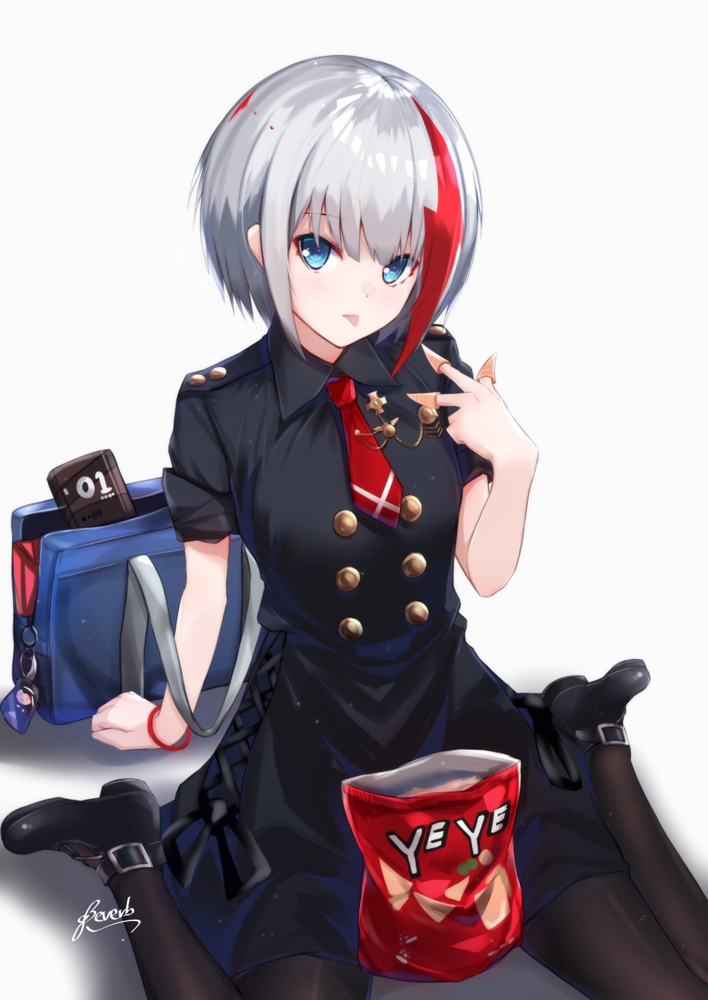 1girl admiral_graf_spee_(azur_lane) arm_support artist_name azur_lane bag bangs bee_doushi black_dress black_footwear black_legwear blue_eyes breasts bugles closed_mouth collared_dress commentary_request dress eyebrows_visible_through_hair food food_on_finger grey_background hair_between_eyes hand_up head_tilt highres looking_at_viewer multicolored_hair necktie pantyhose red_neckwear redhead shoes short_necktie short_sleeves signature silver_hair sitting small_breasts solo streaked_hair wariza