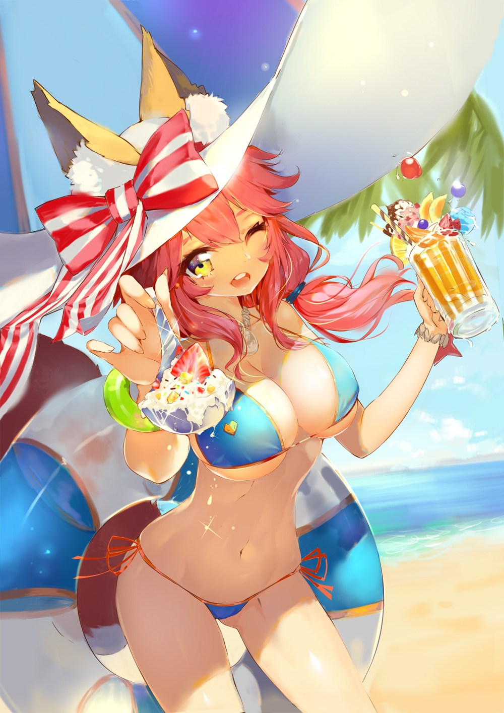 1girl animal_ears beach_umbrella bikini blue_bikini breasts cleavage collarbone ears_through_headwear fate/grand_order fate_(series) food fox_ears fox_tail hat highres innertube large_breasts lincgart looking_at_viewer ocean one_eye_closed open_mouth outdoors pink_hair side-tie_bikini solo sun_hat swimsuit tail tamamo_(fate)_(all) tamamo_no_mae_(swimsuit_lancer)_(fate) umbrella yellow_eyes