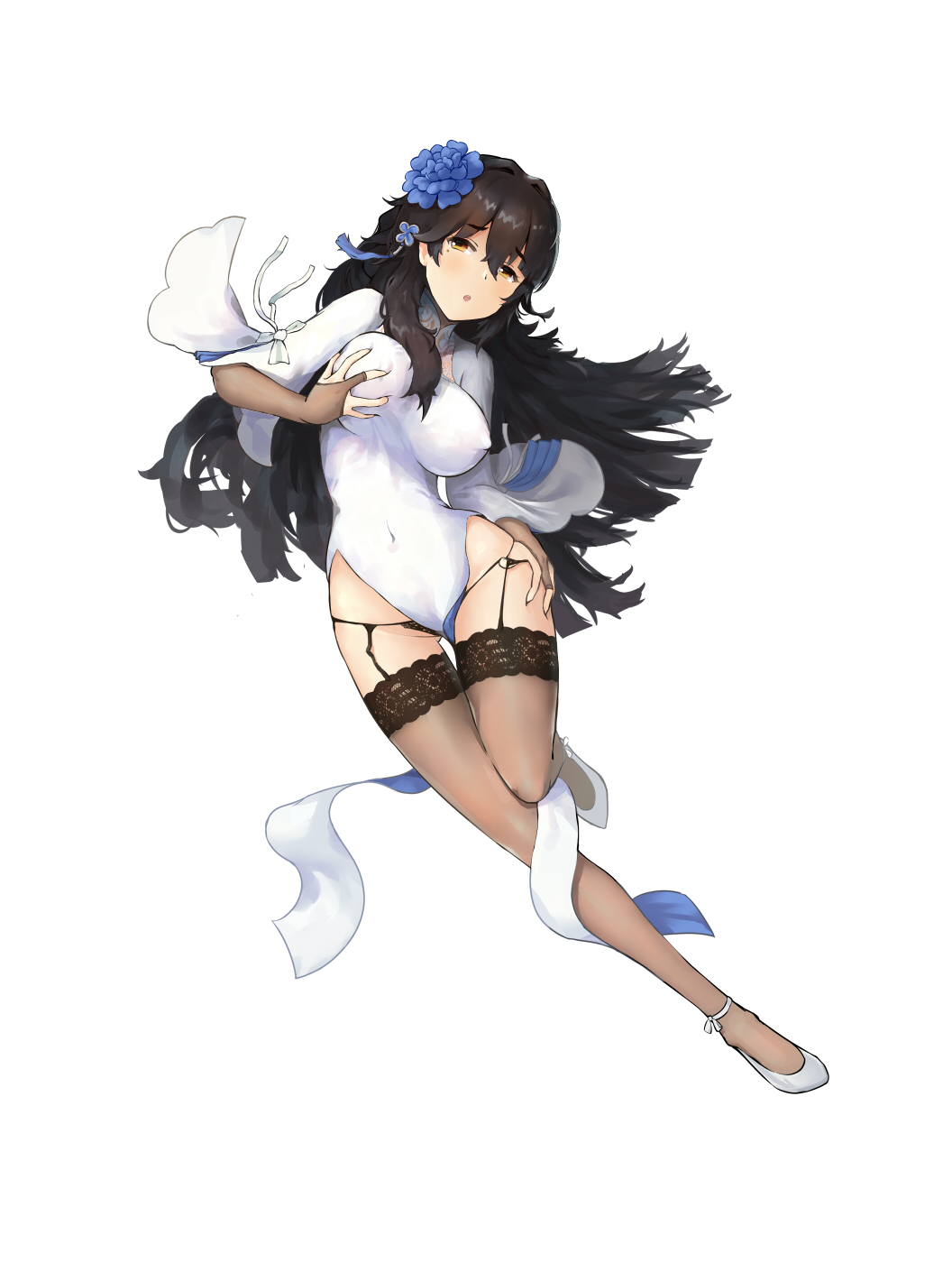 1girl bangs black_hair black_legwear black_panties blush breasts bridal_gauntlets china_dress chinese_clothes cleavage covered)nipples covered_navel dress eyebrows_visible_through_hair floating_hair flower garter_straps girls_frontline gloves grabbing_own_breast hair_between_eyes hair_flower hair_ornament hairband hand_on_own_thigh highres lace lace-trimmed_thighhighs large_breasts lingerie long_hair looking_at_viewer medium_sleeves messy_hair mole mole_under_eye open_mouth panties panty_tug pelvic_curtain pumps qbz-95_(girls_frontline) sidelocks simple_background smile solo thigh-highs thighs underwear very_long_hair white_dress white_footwear white_gloves white_hairband wide_sleeves yellow_eyes