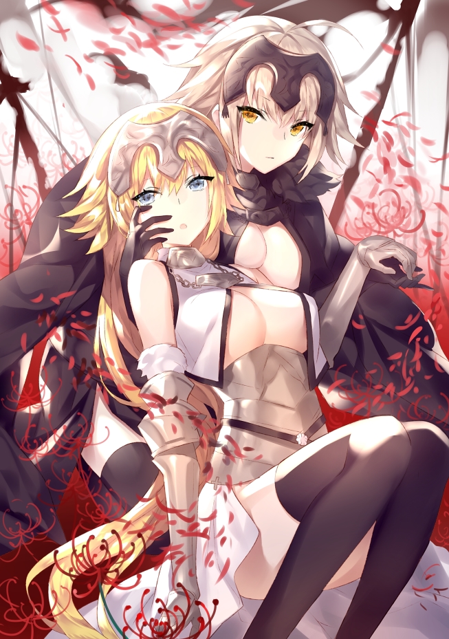 2girls ahoge armor armored_dress bangs black_dress black_legwear blonde_hair blue_eyes breasts brown_eyes cleavage closed_mouth commentary_request dress eyebrows_visible_through_hair fate/apocrypha fate/grand_order fate_(series) gauntlets hair_between_eyes hand_holding headpiece jeanne_d'arc_(alter)_(fate) jeanne_d'arc_(fate) jeanne_d'arc_(fate)_(all) light_brown_hair long_hair looking_at_viewer medium_breasts multiple_girls parted_lips petals thigh-highs touwa_nikuman very_long_hair white_dress