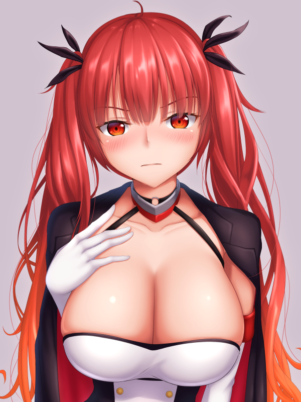 &gt;:( 1girl ahoge azur_lane black_cape black_ribbon blush breasts cape cleavage closed_mouth collarbone dress elbow_gloves eyebrows_visible_through_hair gloves gradient_hair grey_background hair_ribbon hand_on_own_chest honolulu_(azur_lane) large_breasts long_hair looking_at_viewer multicolored_hair nose_blush orange_hair red_eyes redhead ribbon simple_background solo tapisuke tsurime twintails upper_body v-shaped_eyebrows very_long_hair white_dress white_gloves