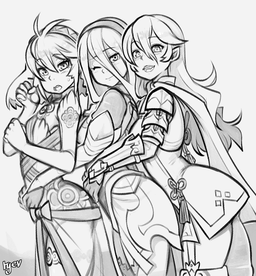 3girls alternate_costume aqua_(fire_emblem_if) fire_emblem fire_emblem_if greyscale hands_on_hips hinoka_(fire_emblem_if) md5_mismatch monochrome multiple_girls my_unit_(fire_emblem_if) resized ryev thighs upscaled