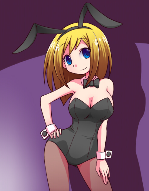 1girl animal_ears bangs bare_shoulders black_bow black_hairband black_leotard black_neckwear blonde_hair blue_eyes bow bowtie breasts brown_legwear carol_(pop'n_music) cleavage closed_mouth contrapposto detached_collar fake_animal_ears gluteal_fold hairband hand_on_hip hand_on_own_leg legs_apart leotard long_hair looking_at_viewer medium_breasts nollety pantyhose pop'n_music purple_background rabbit_ears smile solo strapless strapless_leotard wrist_cuffs