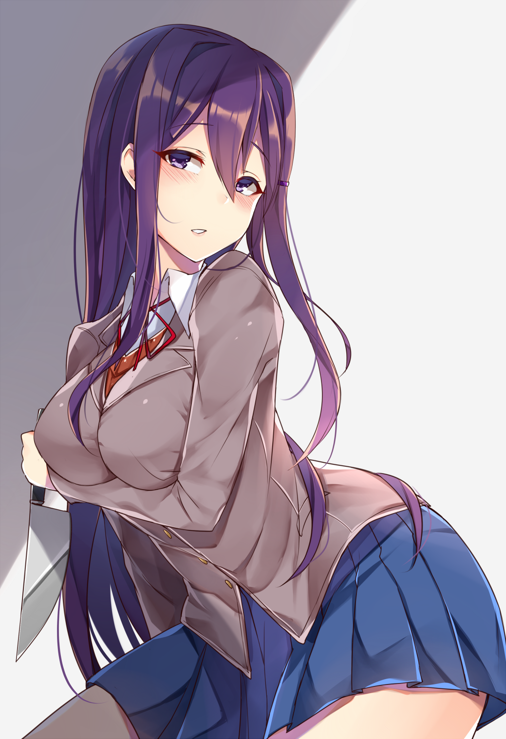 1girl blue_skirt blush breast_hold breasts commentary_request doki_doki_literature_club eyebrows_visible_through_hair eyes_visible_through_hair hair_between_eyes hair_ornament hairclip highres jacket knife leaning_forward long_hair looking_at_viewer parted_lips pleated_skirt purple_hair school_uniform simple_background skirt solo very_long_hair violet_eyes yuri_(doki_doki_literature_club) zhi_zhi/zu_zu