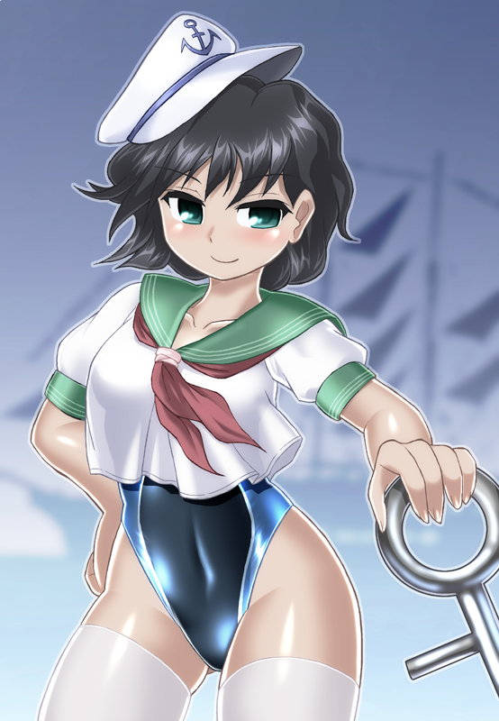 1girl anchor anchor_symbol black_hair black_swimsuit competition_swimsuit contrapposto cowboy_shot gluteal_fold green_eyes green_sailor_collar hat highleg highleg_swimsuit looking_at_viewer murasa_minamitsu neckerchief one-piece_swimsuit peaked_cap red_neckwear sailor_collar sailor_hat sailor_shirt shirt short_hair solo swimsuit swimsuit_under_clothes thigh-highs touhou white_hat white_legwear white_shirt winn