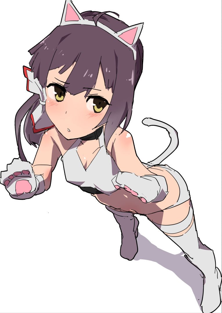 1girl ahoge animal_ears asymmetrical_bangs bangs bare_shoulders blush breasts cat_ears cat_lingerie cat_paws cat_tail comala_(komma_la) commentary fujinami_(kantai_collection) grey_legwear hair_between_eyes hair_ribbon kantai_collection long_hair looking_away looking_up meme_attire pantyhose paw_pose paws purple_hair ribbon side_ponytail sketch small_breasts solo tail underwear white_ribbon yellow_eyes