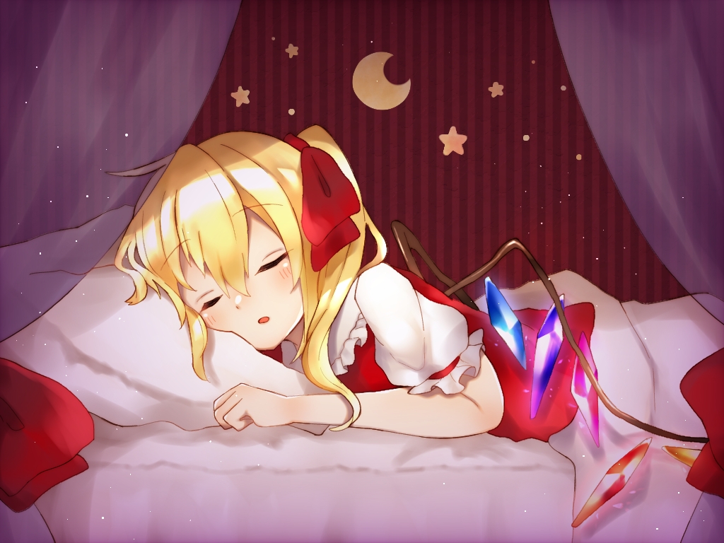1girl ahoge blonde_hair blush crescent_moon_symbol curled_fingers curtains eyebrows_visible_through_hair facing_viewer flandre_scarlet hair_between_eyes hair_ribbon lying no_hat no_headwear on_bed on_stomach parted_lips pillow puffy_short_sleeves puffy_sleeves red_vest ribbon seiru_(seil_8) short_hair short_sleeves side_ponytail sleeping solo star striped striped_background touhou under_covers vest wings