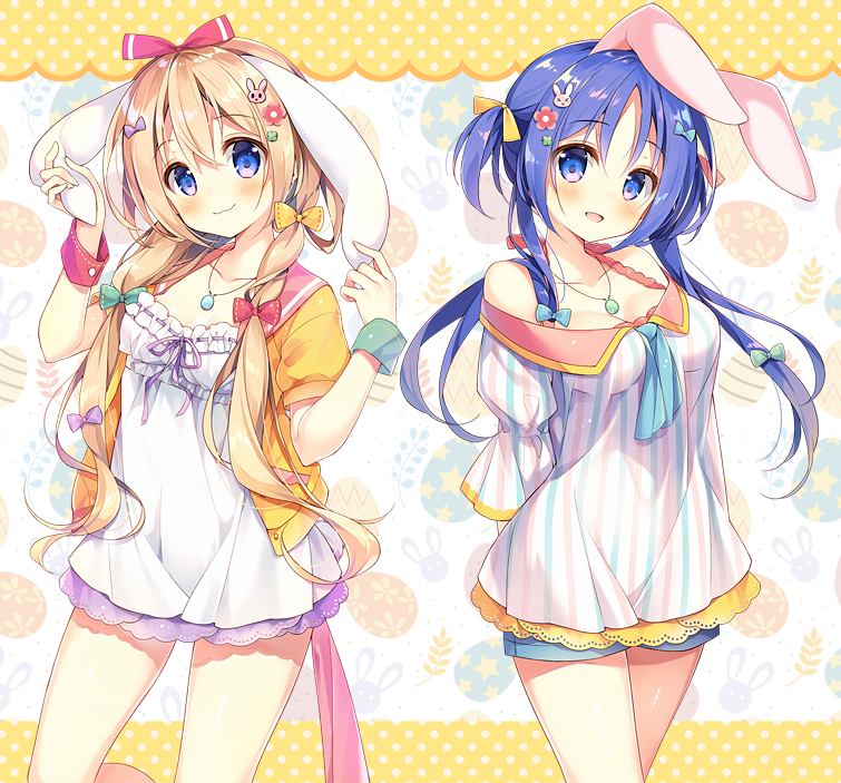 2girls :d animal_ears bangs blonde_hair blue_bow blue_eyes blue_hair blue_neckwear blush bow breasts cleavage commentary_request dress ear_grab easter easter_egg egg hair_bow jacket jewelry long_hair looking_at_viewer low_twintails medium_breasts multiple_girls neck_ribbon neckerchief open_mouth original pendant polka_dot purple_neckwear purple_ribbon quad_tails rabbit_ears red_bow ribbon ribbon_trim sailor_collar short_dress short_hair shorts_under_dress smile suimya twintails yellow_bow yellow_jacket