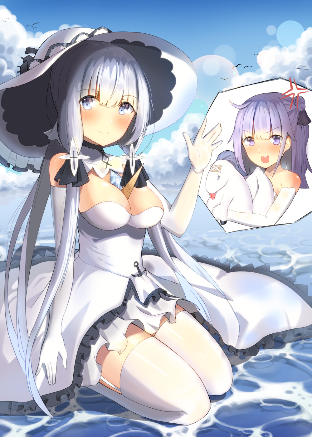 2girls afloat ahoge anger_vein azur_lane bare_shoulders blue_sky clouds cloudy_sky commentary_request dress elbow_gloves garter_straps gloves grey_eyes hat highres illustrious_(azur_lane) korean_commentary long_hair looking_at_viewer miamuly multiple_girls object_on_breast ocean off-shoulder_dress off_shoulder partial_commentary purple_hair seiza sitting sky stuffed_animal stuffed_pegasus stuffed_toy stuffed_unicorn sun_hat tri_tails unicorn_(azur_lane) violet_eyes waving white_dress white_gloves white_hair white_legwear