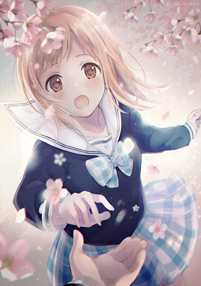 1boy 1girl blush bow brown_eyes cherry_blossoms flower hands idolmaster idolmaster_shiny_colors koame_saki light_brown_hair long_hair long_sleeves looking_at_viewer open_mouth out_of_frame petals pink_background producer_(idolmaster) sailor_collar sakuragi_mano school_uniform simple_background wind