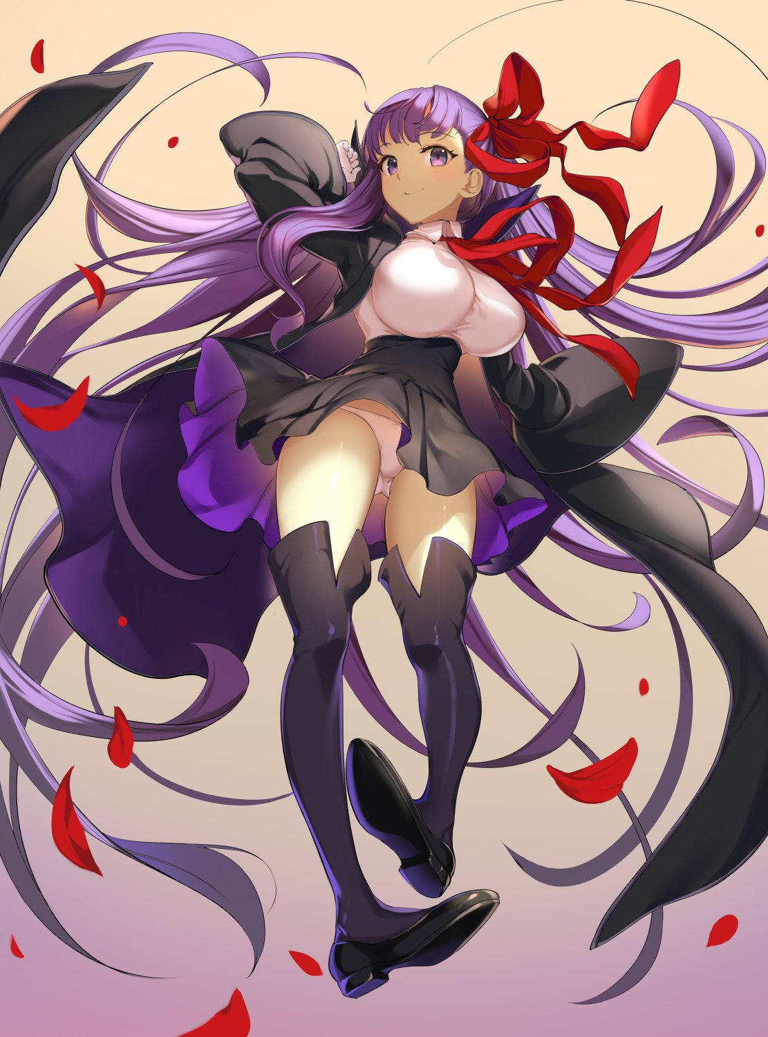 bb_(fate/extra_ccc) black_footwear boots breasts cape commentary_request fate/extra fate/extra_ccc fate/grand_order fate_(series) hair_ribbon highres ikomochi large_breasts long_hair panties petals pink_panties purple_hair red_ribbon ribbon shiny shiny_skin shoes solo thigh-highs thigh_boots underwear very_long_hair