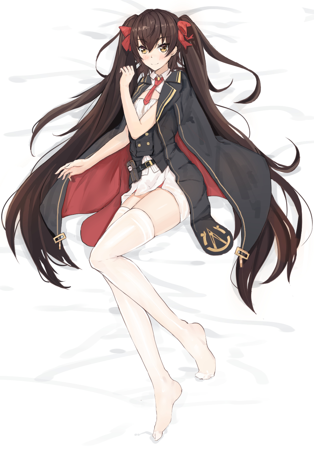 1girl bangs bed_sheet belt belt_buckle belt_pouch blush breasts brown_eyes brown_hair buckle cape cleavage_cutout closed_mouth darcy_(pixiv11949485) eyebrows_visible_through_hair footwear_removed full_body girls_frontline gloves gloves_removed hair_between_eyes hair_ribbon highres long_hair lying necktie panda qbz-97 ribbon sidelocks skirt small_breasts smile solo thigh-highs thighs twintails very_long_hair white_legwear