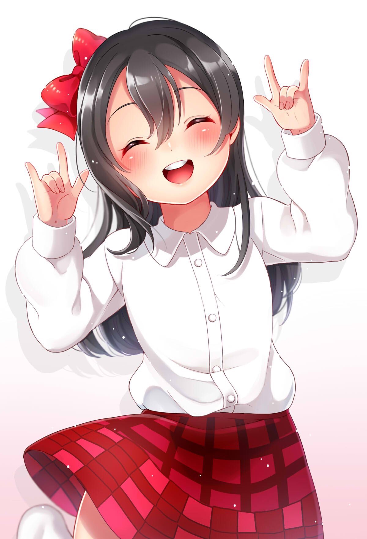 1girl \m/ ^_^ blush bow closed_eyes collared_shirt commentary_request double_\m/ hair_between_eyes hair_bow hair_down highres long_hair long_sleeves love_live! love_live!_school_idol_project open_mouth pleated_skirt red_bow red_skirt shirt shuga_(0329tixi) skirt smile solo white_shirt yazawa_nico younger
