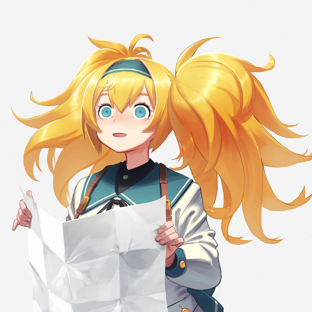 1girl blonde_hair blue_eyes gambier_bay_(kantai_collection) hair_between_eyes hairband holding_map jacket kantai_collection long_hair long_sleeves open_mouth school_uniform simple_background space_cat_(meme) twintails white_background wide-eyed yue_(tada_no_saboten)