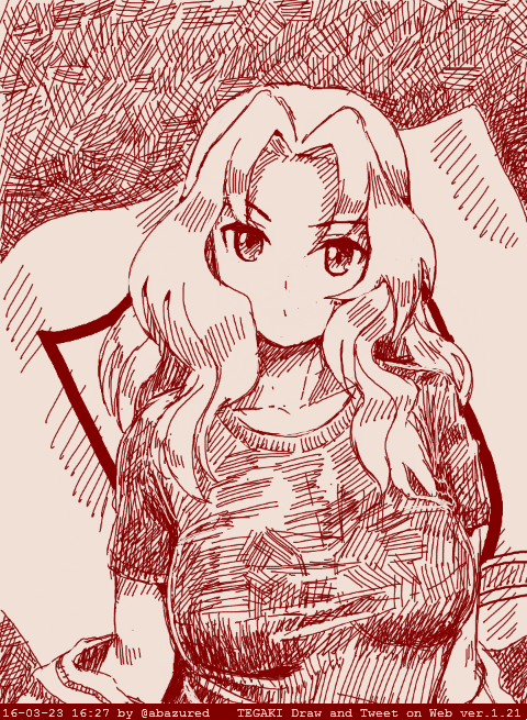 1girl abazu-red breasts cowboy_shot emblem eyebrows_visible_through_hair girls_und_panzer jacket_partially_removed kay_(girls_und_panzer) large_breasts long_hair looking_at_viewer monochrome saunders_(emblem) solo tegaki tegaki_draw_and_tweet