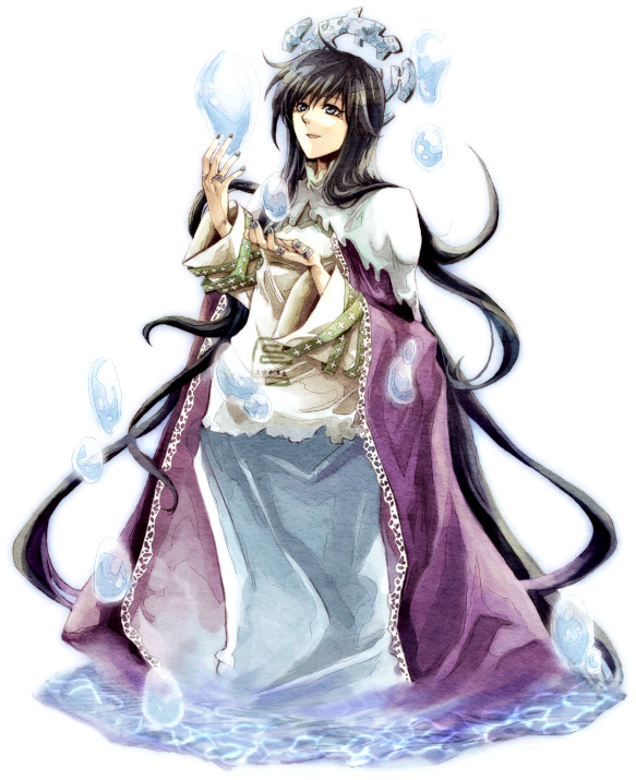 1girl bangs black_hair blue_hair blue_skirt bubble cape houshin_engi jewelry long_hair long_skirt looking_up open_mouth partially_submerged purple_cape ring ryuukitsu_koushu shion_(kizuro) simple_background skirt smile solo standing very_long_hair water white_background wide_sleeves