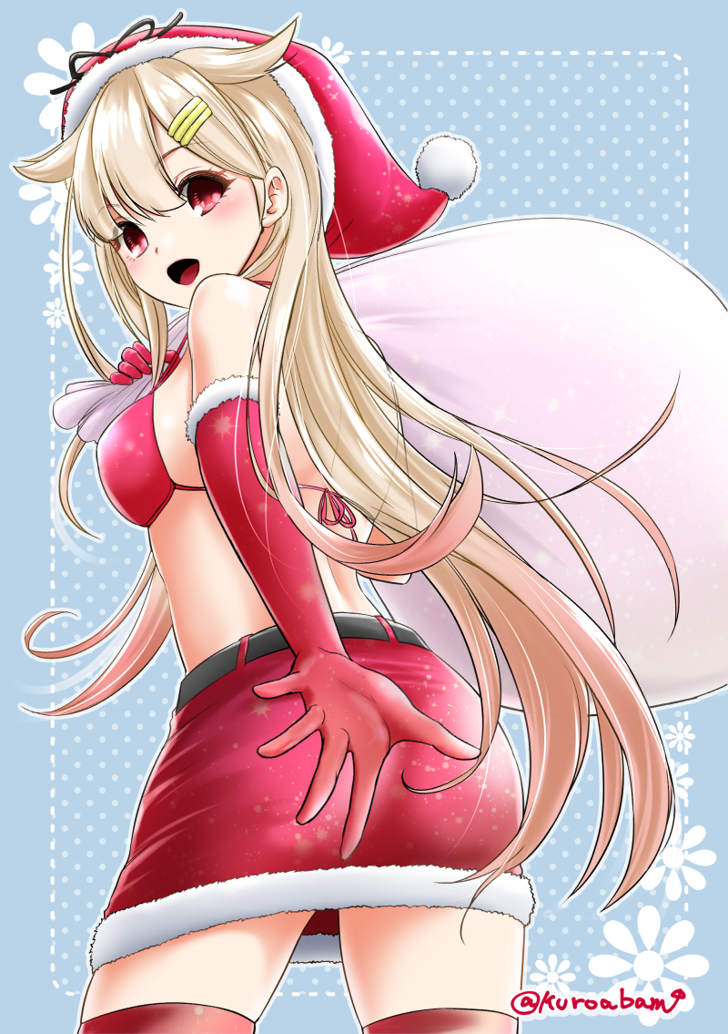 1girl :d alternate_costume ass bikini_top commentary_request elbow_gloves from_behind gloves hair_flaps hair_ornament hairclip hat kantai_collection kuroba_dam light_brown_hair long_hair looking_at_viewer looking_back open_mouth reaching red_eyes red_gloves remodel_(kantai_collection) santa_hat simple_background smile solo twitter_username yuudachi_(kantai_collection)