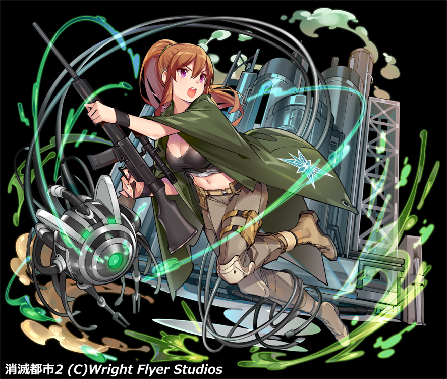 1girl belt black_background black_bra boots bra breasts brown_hair cable cape cleavage copyright_request fingernails glowing green_cape grey_pants gun hair_between_eyes holding holding_gun holding_weapon jumping knee_pads large_breasts long_hair midriff navel official_art open_mouth original pants ponytail pop_kyun pouch rifle robot scope simple_background sniper_rifle solo underwear violet_eyes watermark weapon wristband