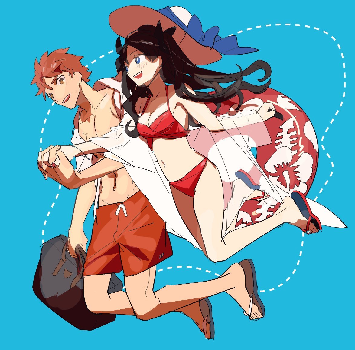 1boy 1girl bag belly_button bikini black_hair blue_background blue_eyes blush brown_eyes couple emiya_shirou fate/stay_night fate_(series) hat hoodie innertube jumping long_hair love orange_hair red_bikini ribbon sandals sf500k short_hair summer swim_trunks swimsuit tohsaka_rin twintails upper_teeth