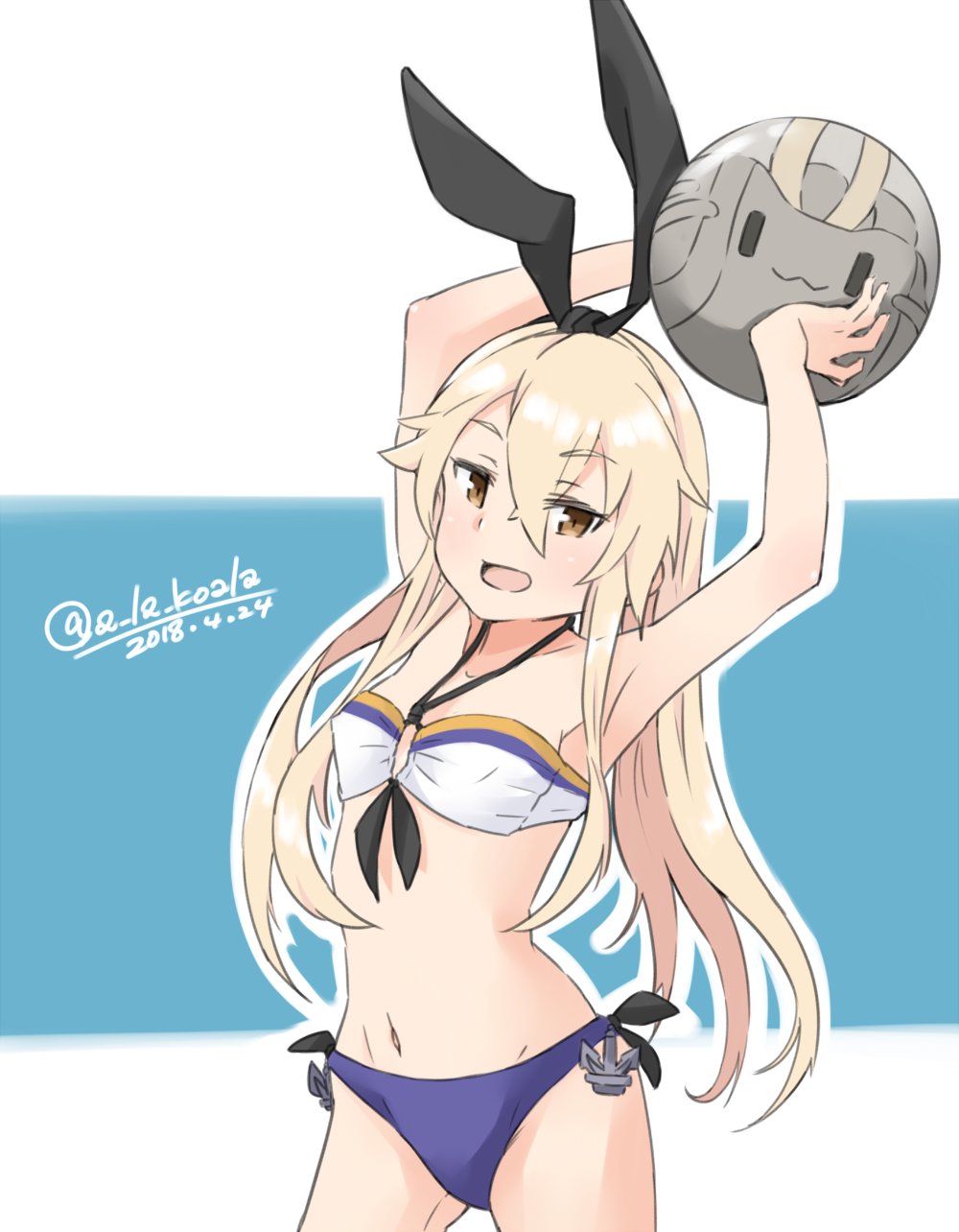 1girl alakoala_shoushou alternate_costume arms_up ball beachball bikini blue_bikini_bottom cowboy_shot dated halter_top halterneck highres kantai_collection looking_at_viewer mismatched_bikini multicolored multicolored_background rensouhou-chan shimakaze_(kantai_collection) side-tie_bikini solo standing swimsuit twitter_username white_bikini_top