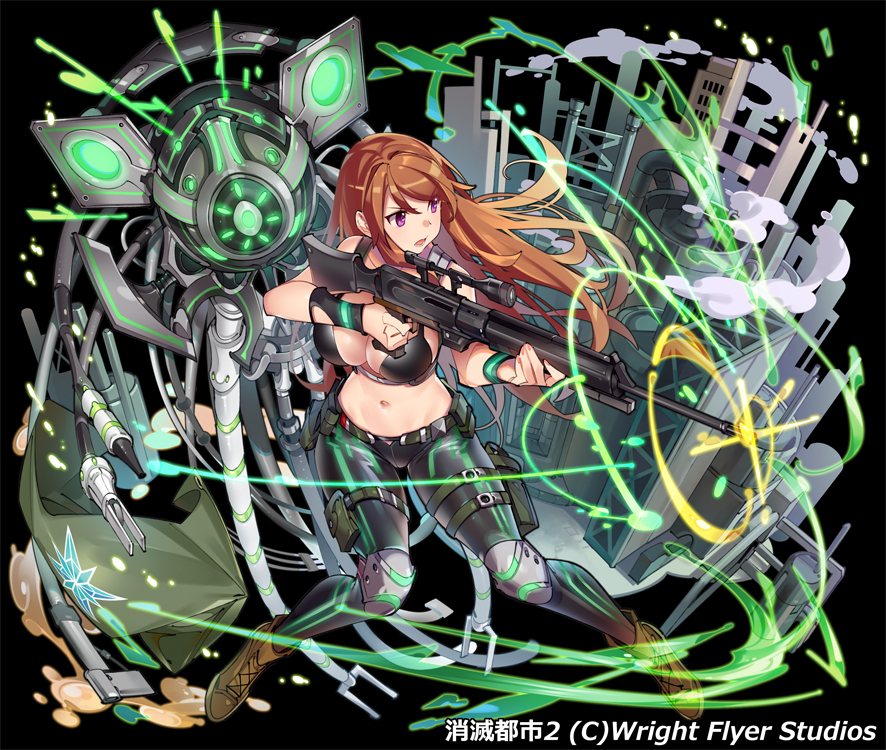 1girl aiming belt black_background black_bra boots bra breasts brown_hair copyright_request glowing grey_pants gun hair_between_eyes holding holding_gun holding_weapon knee_pads large_breasts legs_apart long_hair midriff navel official_art original pants parted_lips pop_kyun pouch rifle robot scope simple_background sniper_rifle solo underwear violet_eyes watermark weapon wristband