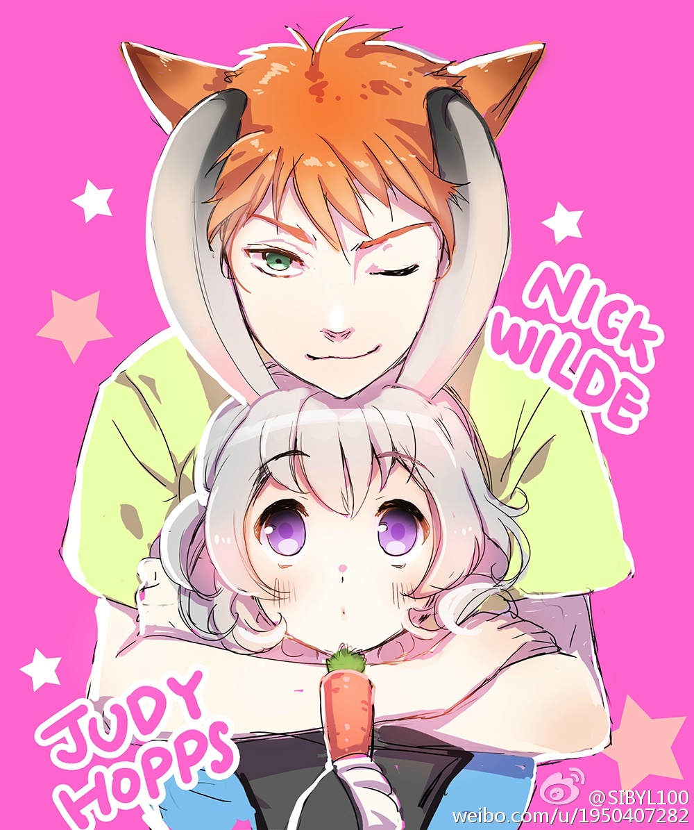 1boy 1girl :3 animal_ears bangs carrot character_name eyebrows_visible_through_hair fox_ears green_eyes green_shirt grey_hair holding hug hug_from_behind humanization judy_hopps looking_at_viewer nick_wilde one_eye_closed orange_hair pink_background rabbit_ears shirt short_hair sibyl simple_background smile star twitter_username violet_eyes weibo_id wide-eyed zootopia