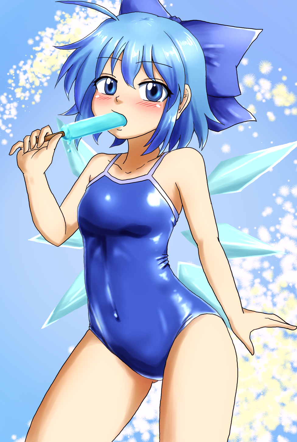 1girl blue_background blue_eyes blue_hair blue_ribbon blue_swimsuit bow breasts cirno competition_swimsuit d-m_(dii_emu) eating food hair_bow highres ice ice_wings one-piece_swimsuit popsicle ribbon school_swimsuit short_hair small_breasts smile snow solo swimsuit touhou wings
