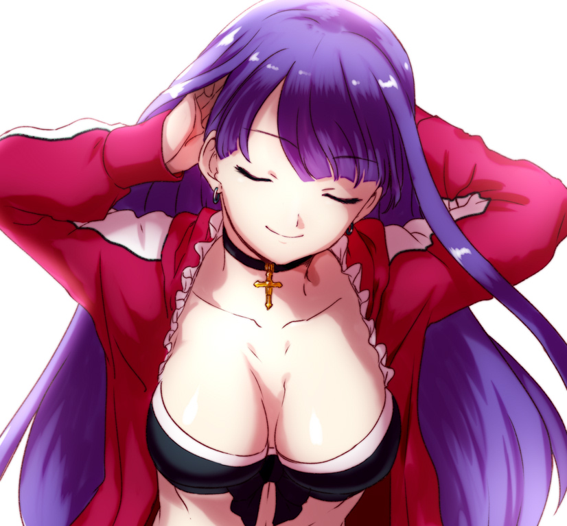 1girl adjusting_hair aoba_(smartbeat) arms_up bikini black_bikini breasts cleavage closed_mouth collarbone cross_choker earrings eyebrows_visible_through_hair fate/grand_order fate_(series) jacket jewelry large_breasts long_hair long_sleeves open_clothes open_jacket pink_jacket saint_martha saint_martha_(swimsuit_ruler)_(fate) shiny shiny_hair smile solo straight_hair swimsuit very_long_hair violet_eyes