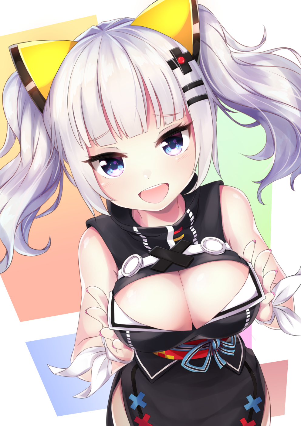 1girl :d blue_eyes breasts cleavage cleavage_cutout eyebrows_visible_through_hair hair_ornament highres kaguya_luna kaguya_luna_(character) large_breasts looking_at_viewer mk82_(hoonsyh) multicolored multicolored_background obi open_mouth ribbon sash short_hair silver_hair sleeveless smile solo twintails virtual_youtuber white_ribbon wrist_ribbon x_hair_ornament