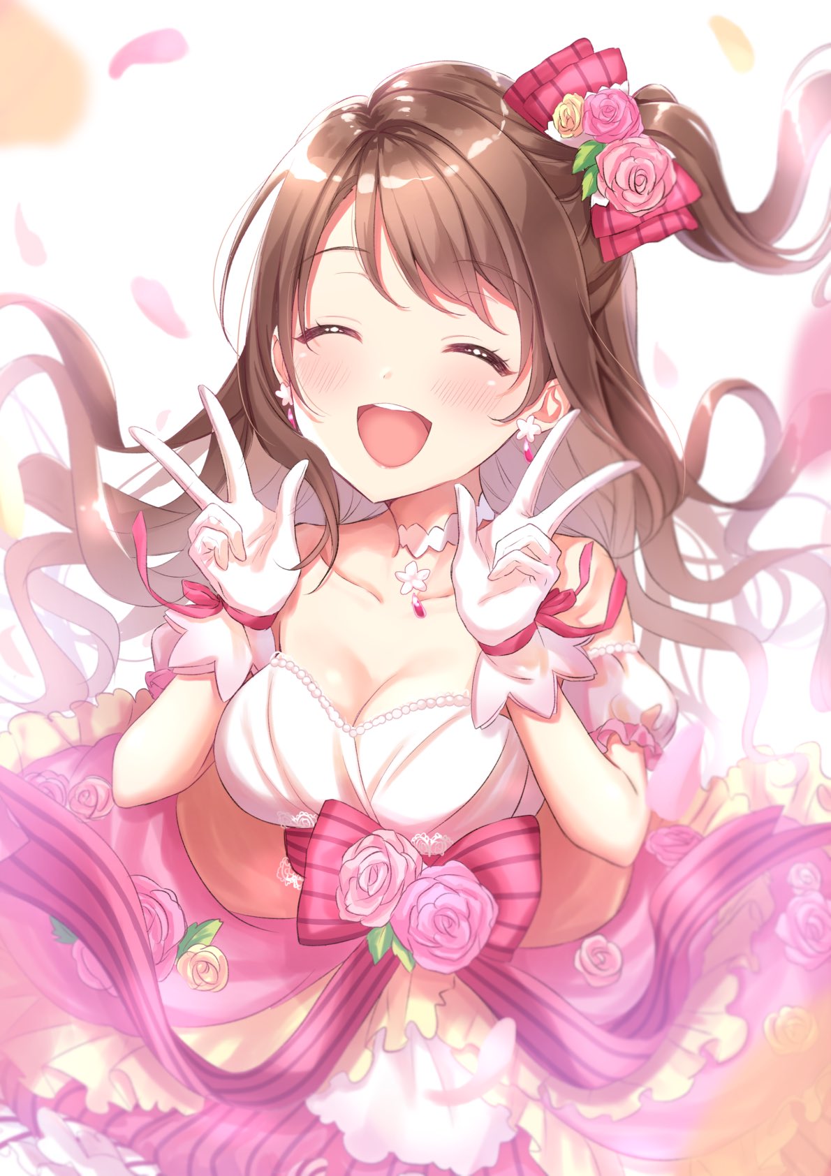 1girl :d anoa blush bow breasts brown_eyes brown_hair choker cleavage closed double_w dress earrings eyebrows_visible_through_hair flower gloves half_updo highres idolmaster idolmaster_cinderella_girls jewelry long_hair medium_breasts one_side_up open_mouth petals rose shimamura_uzuki simple_background smile solo w white_background white_gloves