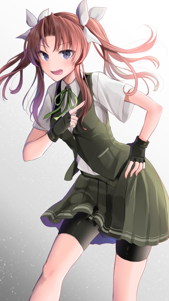 1girl :d bike_shorts black_gloves brown_hair collared_shirt commentary eyebrows_visible_through_hair fingerless_gloves gloves green_neckwear green_ribbon green_skirt green_vest grey_eyes hair_ribbon hand_on_hip highres kagerou_(kantai_collection) kantai_collection leaning_forward long_hair looking_at_viewer neck_ribbon no_ahoge open_mouth pleated_skirt pocket pointing remodel_(kantai_collection) ribbon school_uniform shirt short_sleeves shorts_under_skirt simple_background skirt smile solo twintails vest white_background white_ribbon white_shirt yunamaro