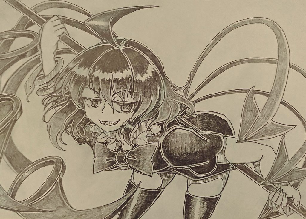 1girl ahoge asymmetrical_wings bangs bent_over bow bowtie commentary_request cowboy_shot doyagao dress eyebrows_visible_through_hair fingernails greyscale grin gurajio hair_between_eyes holding holding_weapon houjuu_nue line_shading looking_at_viewer medium_hair monochrome polearm sharp_fingernails sharp_teeth short_dress simple_background smile snake solo standing teeth thigh-highs touhou traditional_media weapon wings zettai_ryouiki