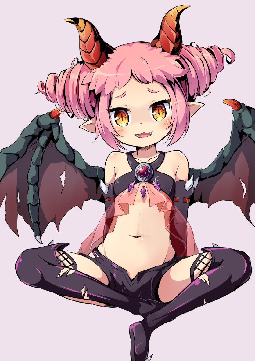 1girl :3 :d bangs bare_shoulders black_footwear black_legwear black_shorts blush boots breasts brown_background brown_eyes brown_wings character_request collarbone demon_girl demon_horns demon_wings fangs forehead head_tilt horns maplestory maplestory_2 navel nekono_rin open_mouth pink_hair pointy_ears short_shorts shorts simple_background sitting small_breasts smile solo thigh-highs thigh_boots wings